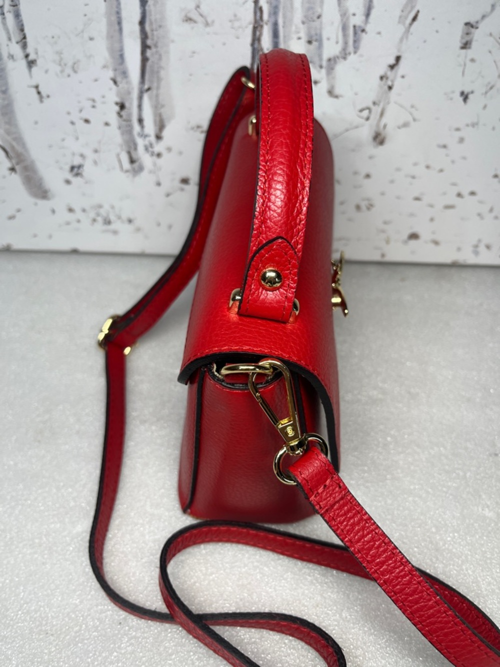 Italian Leather Clutch Crossbody Top Handle Red Bag Bee Closure - Picture 3 of 11